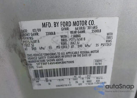 2009 Ford F-150 Stx/Xl/Xlt z USA, uszkodzony, nr VIN 1FTRF14W49KB67005